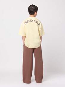 SUMWON Tween Boys Track And Field Embroidered Two Piece Set Cream Yellow Wide Leg Pants Oversized Jersey Summer Casual Fashion Co Ord Set