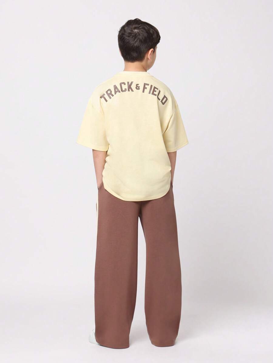 SUMWON Tween Boys Track And Field Embroidered Two Piece Set Cream Yellow Wide Leg Pants Oversized Jersey Summer Casual Fashion Co Ord Set