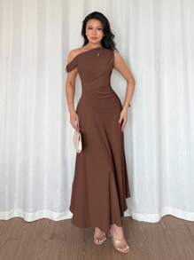 Elenzga 女士优雅奢华正式长裙，不对称肩部，褶皱细节，A 字形，拉链开合，适合万圣节、圣诞节、国庆节、新年派对、毕业典礼、婚礼，棕色 - 咖啡 - 查看 6