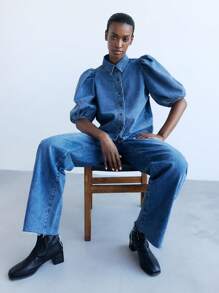 Maija 女式蓝色单排扣泡泡袖休闲牛仔衬衫 - 中等水洗藍 - 查看 7