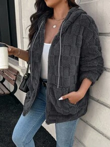 SHEIN LUNE Warm & Comfortable Casual Gray Fluffy Jacket, Plus Size, Suitable For Outings, Autumn Season Thanksgiving Outfit Women New Years Women Outfit Winter Dresses Winter Clothes Women Rave Outfits Fall