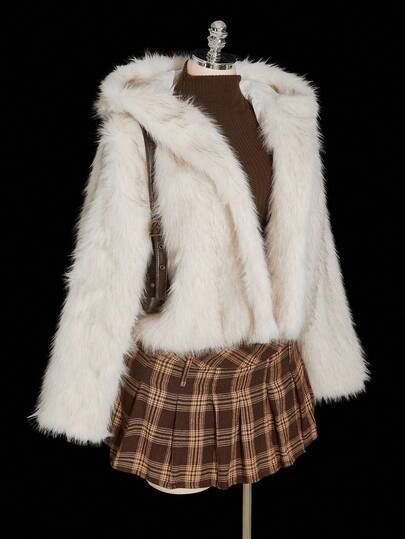 SHEIN ICON Plus Size White Faux Fur Rabbit Ear Hooded Fluffy Coat, Sweet Y2K Style White Fur Coat Winter Fall Autumn