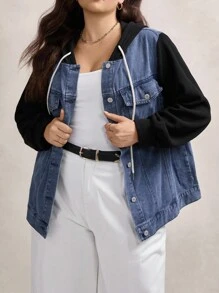 SHEIN LUNE Plus Size Two Tone Denim Jacket With Hood Winter Fall Autumn Black - Baby Blue - View 3