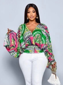 SOLERSUN Plus Size Women's Casual V-Neck Loose Floral Print Long Sleeve Blouse, Versatile Top For Commuting, Dating, Office, Vacation - Green - View 5