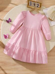 Elladie kids Vestido elegante para niña con cuello redondo, mangas farol, decoración de lazo exagerado y pliegues en contraste de color - Rosa - Ver 2