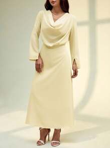 SHEIN PETITE Vestido elegante de manga larga con cuello de capucha de unicolor para mujeres - Amarillo - Ver 4