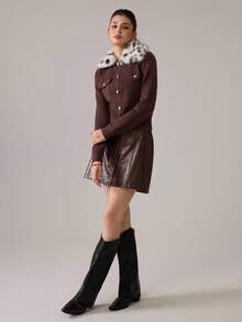 SHEIN MOD 卡其棕色拼布豹纹毛领优雅秋冬开衫 - 棕色 - 查看 7