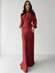 Firerie 女士优雅缎面不对称下摆半身裙 - 酒紅色 - 查看 3