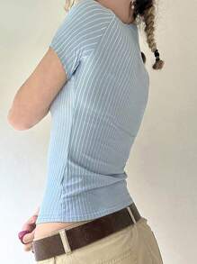 INAWLY Women Striped Single-Breasted Short Sleeve Casual Fitted T-Shirt - Blue - View 2