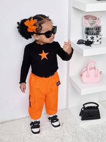 Bubblio Babygirl Cute Black Star Pattern Long Sleeve Top With Elastic Waist Orange Pants 2-Piece Set, Fashionable Outfit For Outings, Autumn/Winter Toddler Orange Outfit Baby 70s Outfit Groovy Toddler Outfit Toddler Black Top Orange Pants Baby Girl Outfits Fall - Multicolor - View 7