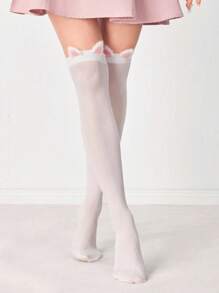 ROMWE Kawaii 1双纯白色过膝袜+1双可爱猫耳发夹，猫耳性感白色纯色女学生及膝袜，高品质猫耳发夹，超薄弹力透视紧身裤 - 彩色 - 查看 7