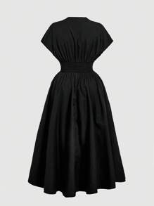 SHEIN MOD 女式加大码 V 领纽扣下摆长裙 - 黑色 - 查看 3