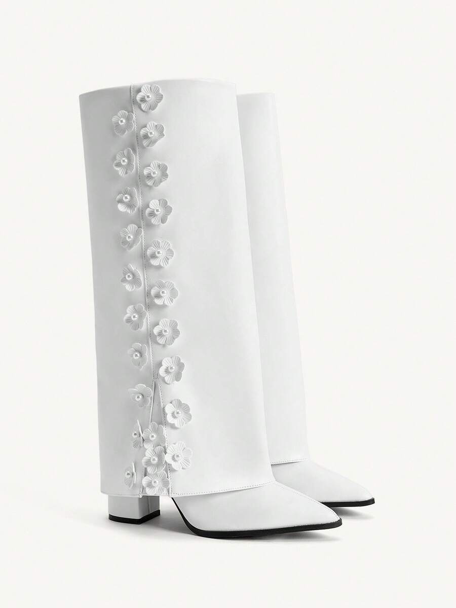 CUCCOO CHICEST Giày bốt cổ ngắn mũi nhọn họa tiết hoa kèm giày cao gót cho nữ - trắng - Xem 1