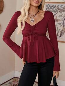LanaWest Camiseta de manga larga con cuello en V roja y cordón, de estilo vintage dulce para el otoño, para mujer