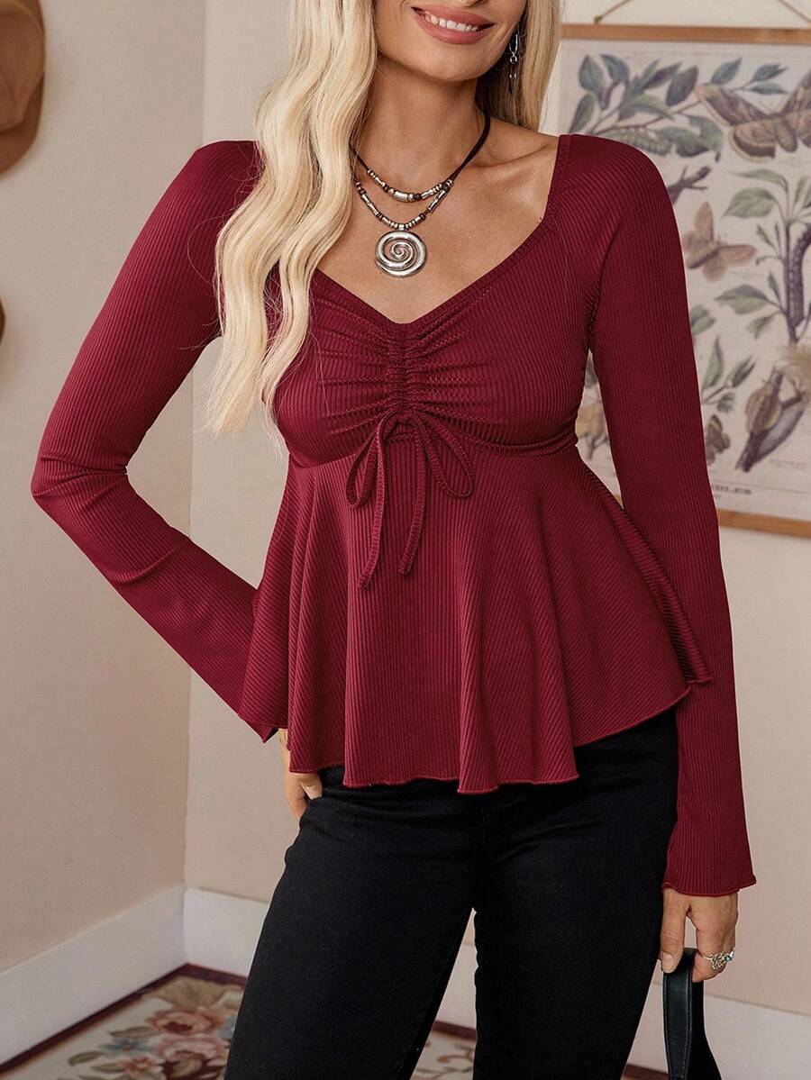 LanaWest Camiseta de manga larga con cuello en V roja y cordón, de estilo vintage dulce para el otoño, para mujer