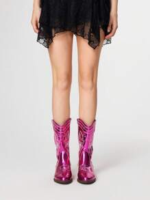 ROMWE Fairycore 2025年新款时尚刺绣亮片拼接女士圆头中筒靴V型开口长筒马靴粗跟修身百搭PU高筒靴女 - 紫色 - 查看 2