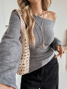 Siren Gaze Women's Elegant Gray Autumn Off-Shoulder Asymmetrical Ruched Knit Sweater,Wool Long Sleeve Fitted Pullover Top For Date,Office,Minimalist Old Money - Grey - View 6