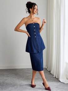 Selianne Women's Front Button Bandeau Top And Denim Skirt 2-Piece Set - Blue - View 4