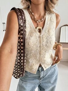 Siren Gaze 女装秋季新款3D花卉单排扣针织背心 - 杏色 - 查看 1