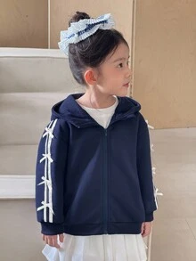 SHEIN 女童拉鍊長袖側邊蕾絲蝴蝶結休閒衛衣，可愛韓系深藍色校園上學款，適合秋冬冬季返校穿著 - 藏蓝色 - 查看 5