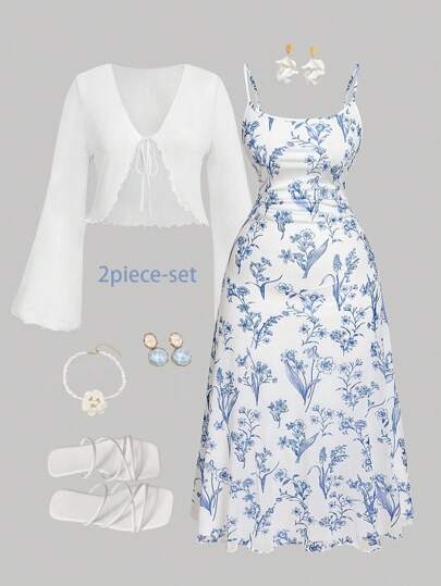 SHEIN MOD 2 piezas Conjunto de vestido maxi de bloque de color y cubre todo de malla romántica con estampado floral elegante talla grande, conjunto de 2 piezas de vestido floral azul y blanco de verano para mujer, conjunto de 2 piezas de ropa de verano, otoño, elegante, chic