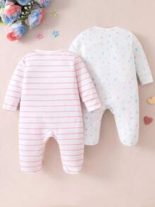 2 件新生儿条纹、心形和字母印花长袖连脚睡衣套装，休闲家居服 - 彩色 - 查看 2