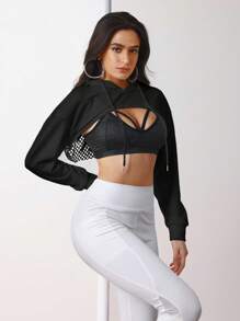 Menodora SHEIN Sport Drop Shoulder Drawstring Hollow Out Super Crop Sports Sweatshirt Without Cami Top Cropped Sweatshirt - Black - View 5