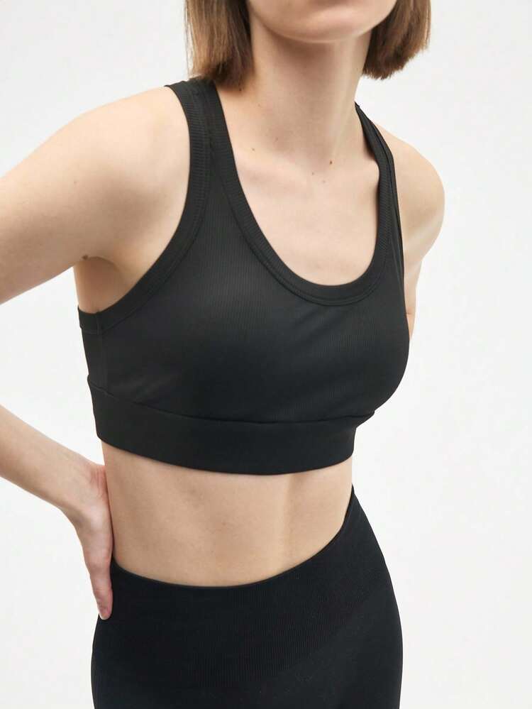 Gameset SHEIN Sport 女士罗纹日常健身运动文胸 - 黑色 - 查看 4