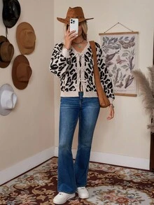 LanaWest Women's Casual V-Neck Leopard Print Contrast Color Bow Lantern Sleeve Cardigan Sweater, Autumn/Winter - Khaki - View 2