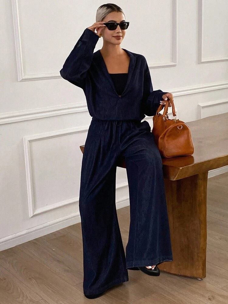 Vintage Blue V-Neck Denim Suit, Fashionable Casual Outfit With Loose Wide-Leg Pants And Oversized Jacket For Women