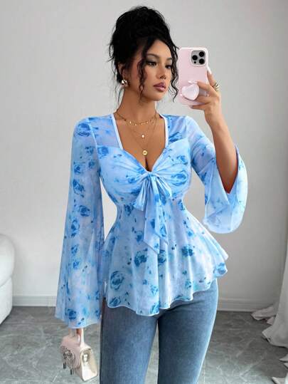 Elenzga New Floral Print Mesh Sheer Flare Sleeve Bowknot Front Casual Elegant Women T-Shirt Fall Cloth For Women