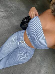 Zolique 女士休闲条纹印花短款筒形上衣和抽绳腰阔腿裤套装，夏季假日装 - 藏蓝色 - 查看 1