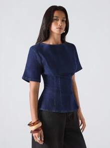 LYSMO 女士纯色圆领休闲短袖牛仔衬衫 - 藍色 - 查看 4