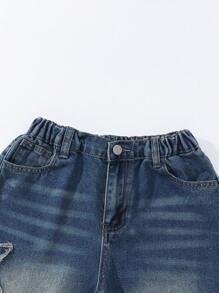 Tween Girls Y2K 休闲松紧腰星星刺绣水洗蓝阴影磨损下摆阔腿宽松百搭百搭日常穿着四季热销直筒牛仔裤，街头服饰 - 中等水洗藍 - 查看 6