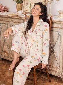 FloralLove Bộ đồ ngủ mềm mại, áo dài tay ve áo họa tiết hoa và quần dài, trang phục thu đông ấm áp và thanh lịch - Nhiều màu - Xem 4