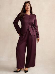 Elaquor Plus Size Women's Solid Color Long Sleeve Suit Set In Fall/Winter - Burgundy - View 5
