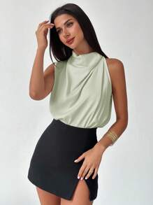 Firerie 女士优雅时尚新款通勤办公室日常度假音乐节不对称褶皱杏色衬衫，春夏 - 薄荷藍 - 查看 2