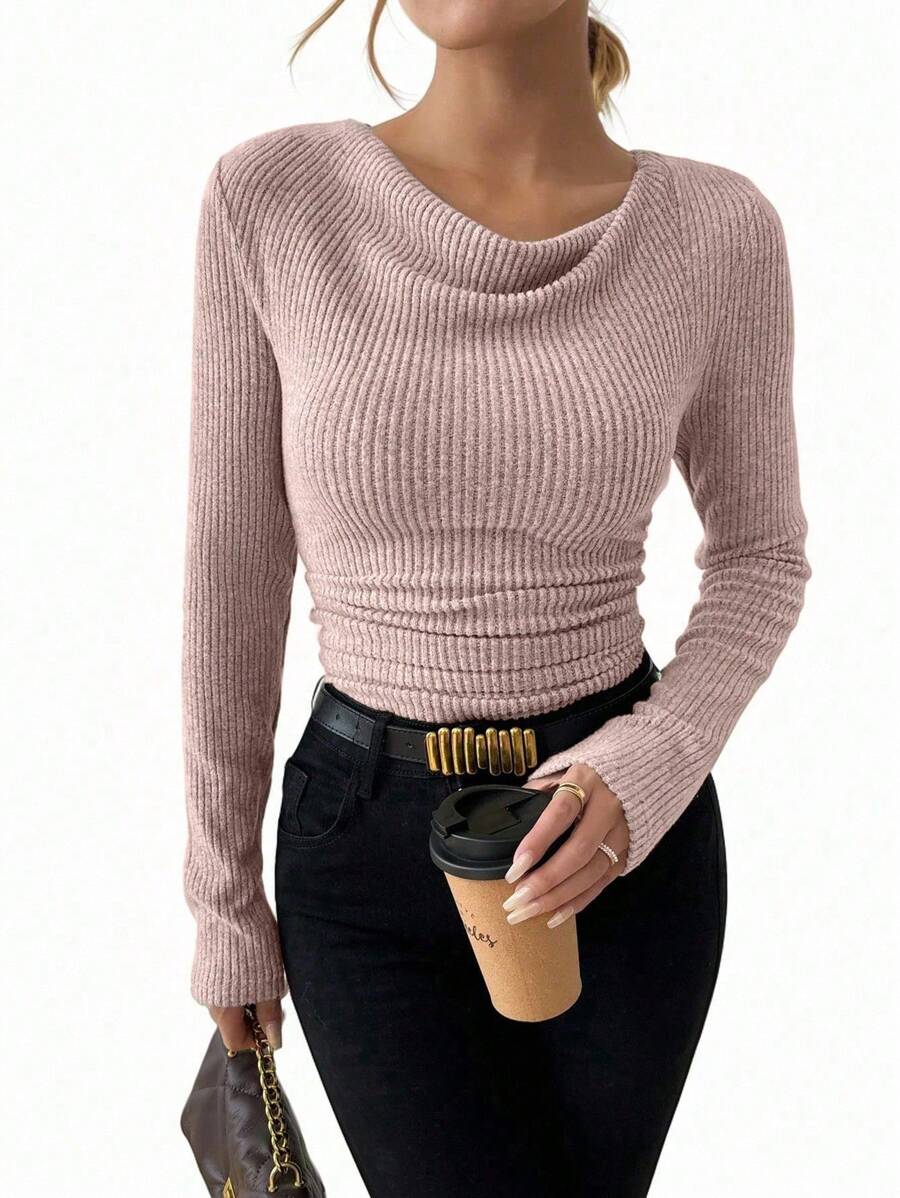 EMERY ROSE 复古不对称垂坠领口拉绒纹理褶饰修身长袖 T 恤罗纹上衣短款上衣毛衣长袖短款上衣短款毛衣女士长袖短款上衣