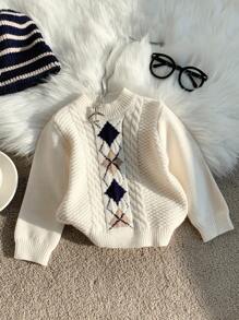 SHEIN Unisex Baby Geometric Pattern Long Sleeve Knit Sweater, Casual & Cute, Suitable For Baby Boys And Girls, Autumn/Winter Fall