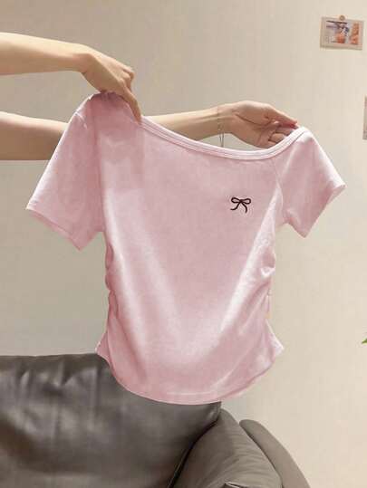 INAWLY Women's Summer New Sexy Asymmetric Neck Bowknot Embroidery Ruffle Slim Fit Revealing Shoulder T-Shirt