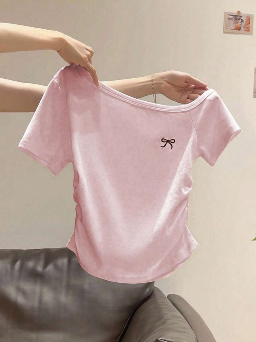 INAWLY 女式夏季新款性感不对称领口蝴蝶结刺绣荷叶边修身露肩T恤 - 粉色 - 查看 1