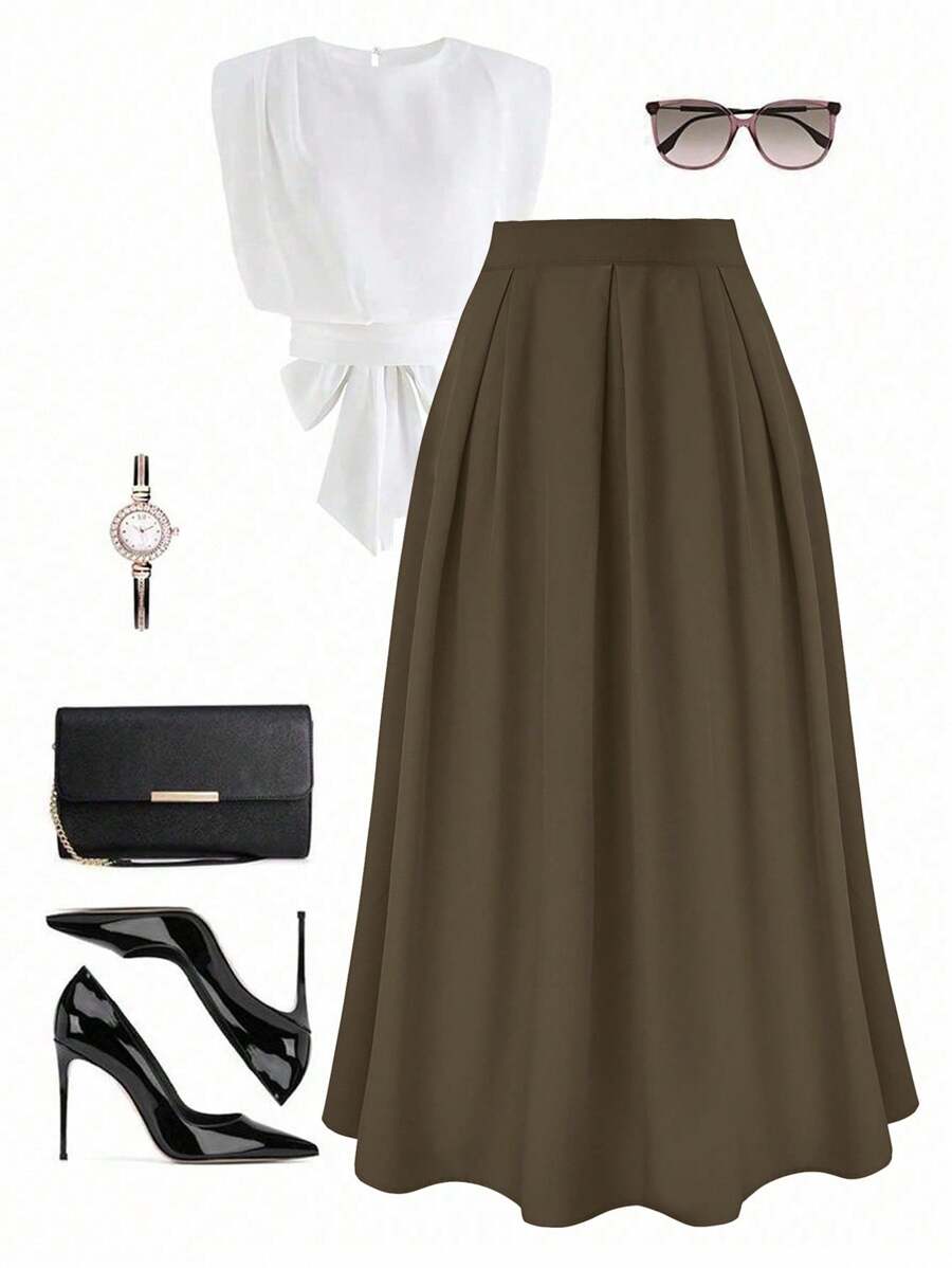 GlowEve Women's Elegant High-Waisted Pleated Skirt, Spring Summer Maxi Women Fall Cloth For Women - Mocha Brown - View 1