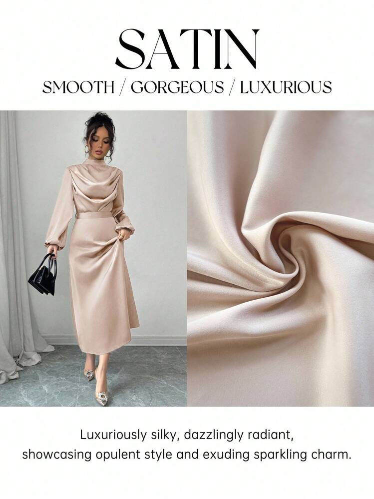 Elenzga Váy xòe dài tay cổ chữ V bằng vải satin bóng thanh lịch cho nữ, Xuân/Thu - Màu Khaki - Xem 1