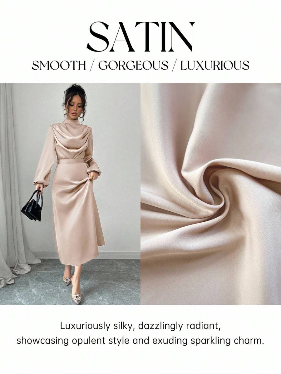 Elenzga Váy xòe dài tay cổ chữ V bằng vải satin bóng thanh lịch cho nữ, Xuân/Thu - Màu Khaki - Xem 1