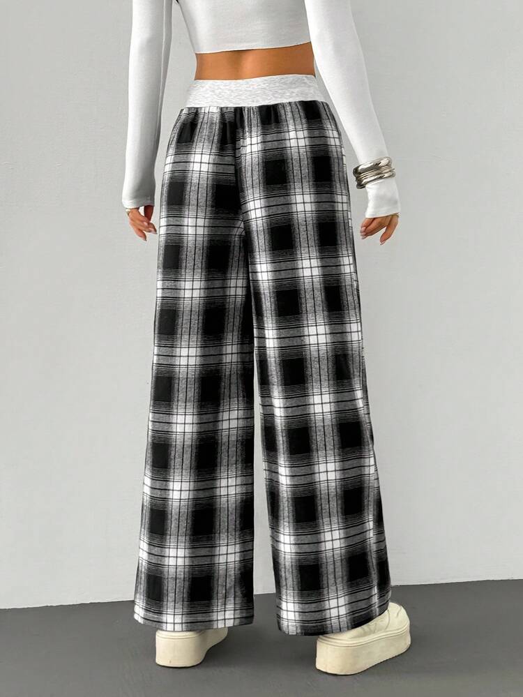 SHEIN PETITE 女款黑白格纹秋冬拉绒阔腿裤 - 黑與白 - 查看 2