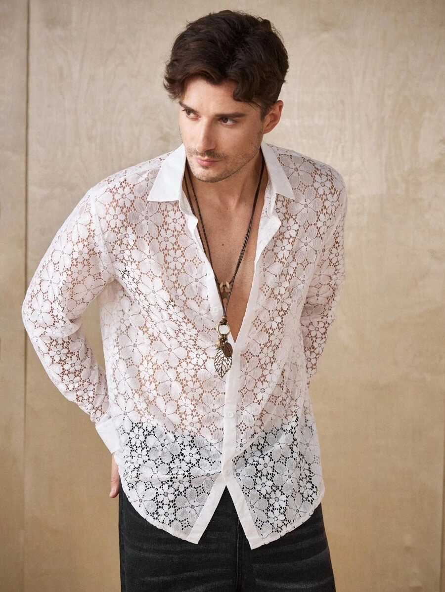 Manfinity Homme Men's Solid Color Sheer Long Sleeve Casual Sexy Shirt - White - View 1