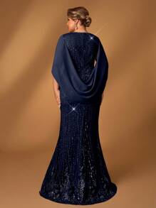 Serin Đầm dạ hội voan đính cườm sang trọng cổ chữ V thanh lịch lãng mạn cỡ lớn cho mẹ - Màu xanh hải quân - Xem 3