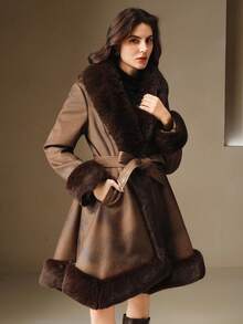 Anewsta Women's Fluffy Fur Collar Belted Faux Fur Jacket, Autumn/Winter - Brown - View 3