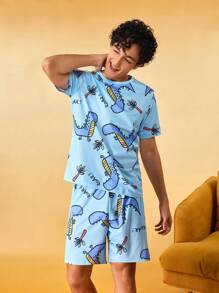 Notgurli Men Cartoon Graphic PJ Set / Pajama Set - Baby Blue - View 3