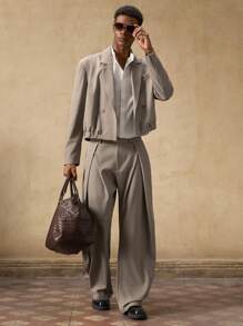 AKNOTIC 2pcs Business Casual Men's Fashion Loose Woven Khaki Regular Shoulder Fitted Short Suit Blazer Set, Suitable For Summer, Autumn, Vacation, Wedding, Party, Graduation Gift - Khaki - View 6